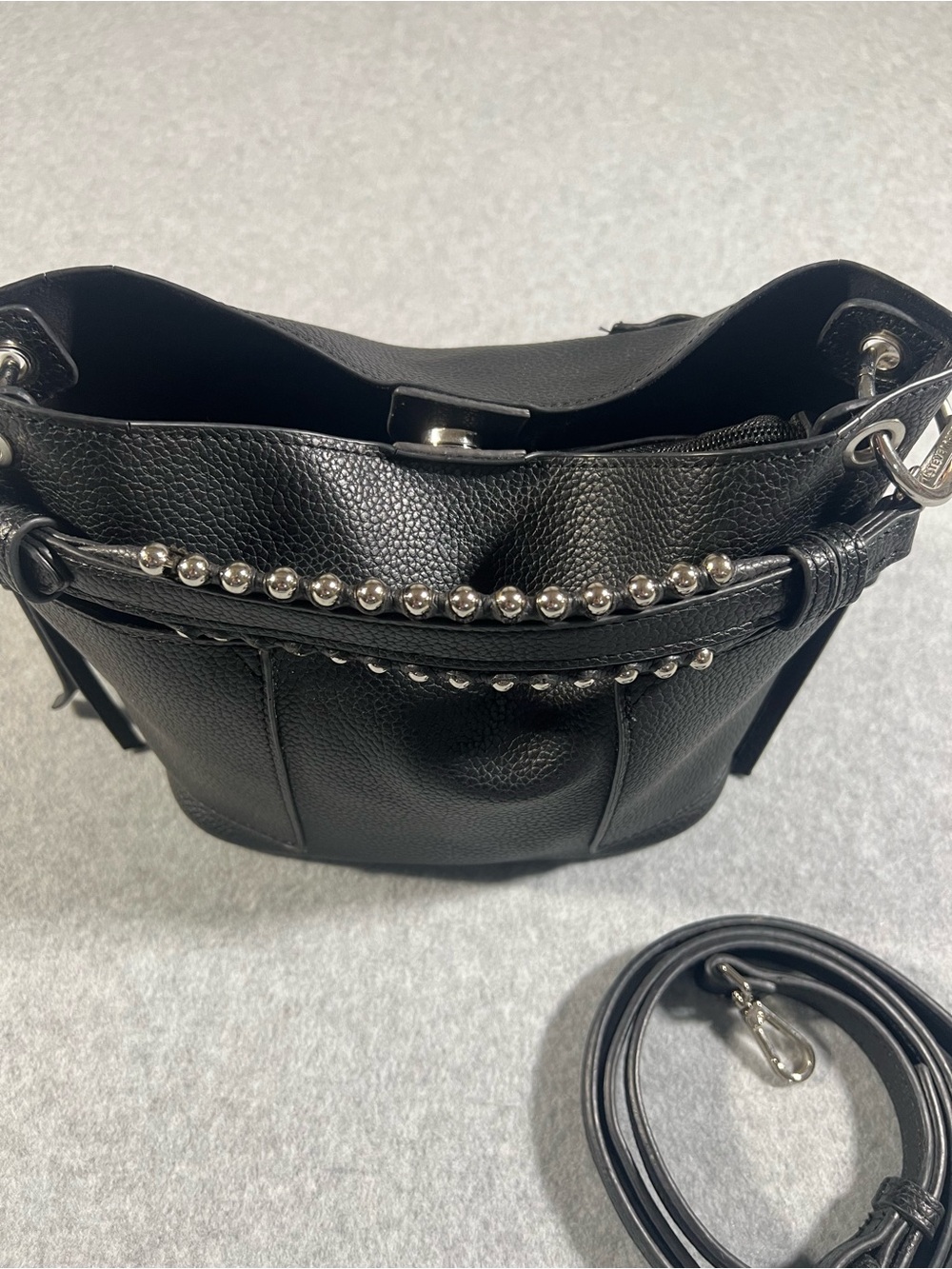 Steve Madden Black Pebbled Faux Leather Stud-Trim Bucket Bag - Picture 2 of 16